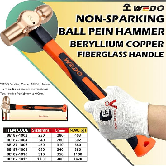 WEDO Non-Sparking Ball Peen Hammer 2 lb Head, Spark-free Safety Ball Pein Hammer, Non-Magnetic, DIN Standard, BAM & FM Certificate, Beryllium Copper, 14" Length