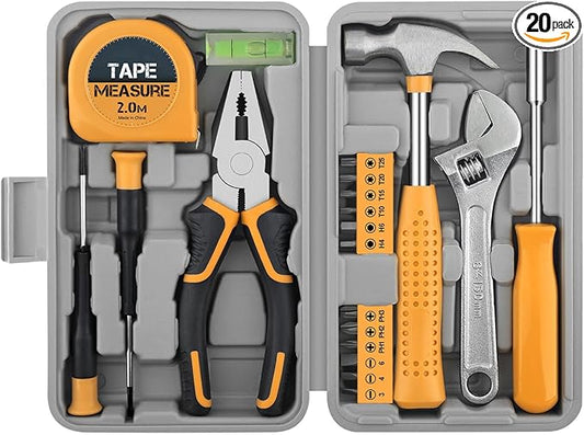 20 Pcs Home Tool Set, Basics Household Tool Kit with Small Mini Carrying Box for Men and Women DIY (Yellow)