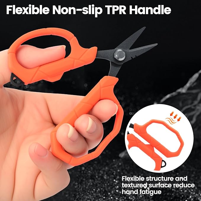 Pristis Fishing Scissors with Lanyard, Stainless Steel Blades Line Cutter with Non-slip Grip, Saltwater Durable Micro Serrated Edge Multi Tool, Small Mini Gear Kit for Braided Mono Fluorocarbon Line