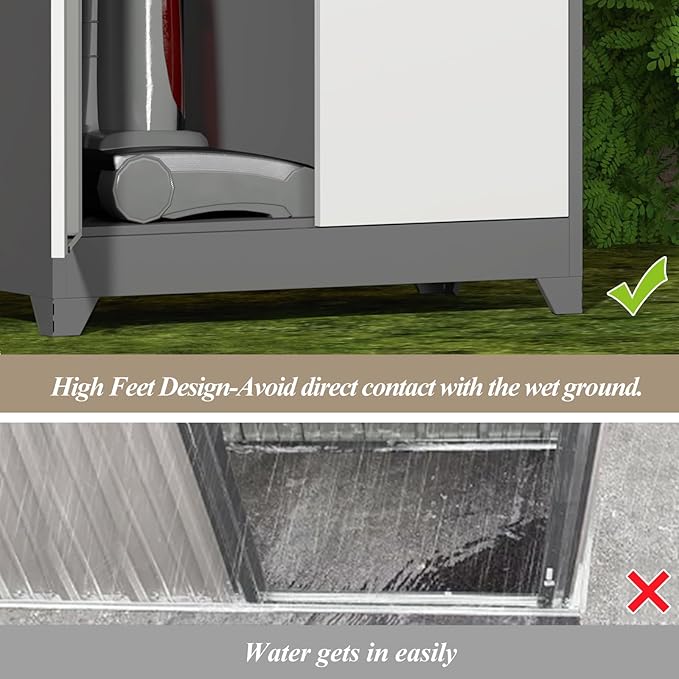 GREATMEET 72.8" Outdoor Broom Storage Cabinet, Waterproof Outdoor Shed, Metal Storage Cabinets for Cleaning Supplies with Slanted Roof, Utility Closet, Broom Mop Cabinet, Grey&White