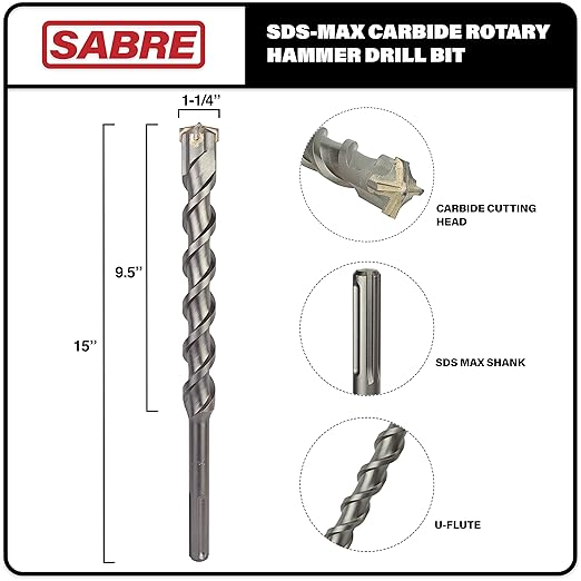 Sabre Tool 1-1/4 Inch x 15 Inch SDS MAX Rotary Hammer Drill Bit, U-Flute, Carbide Tipped for Brick, Stone, and Concrete (1-1/4inches x 9.5inches x 15