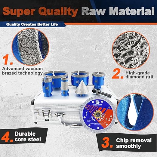 Diamond Core Drill Bit Set - BRSCHNITT Tile Hole Saw Kit 1-3/8"2" 3" 4" & 1" Finger Bit & 2" Chamfer Bit for Porcelain Tile Ceramic Marble Granite Diamond Blade