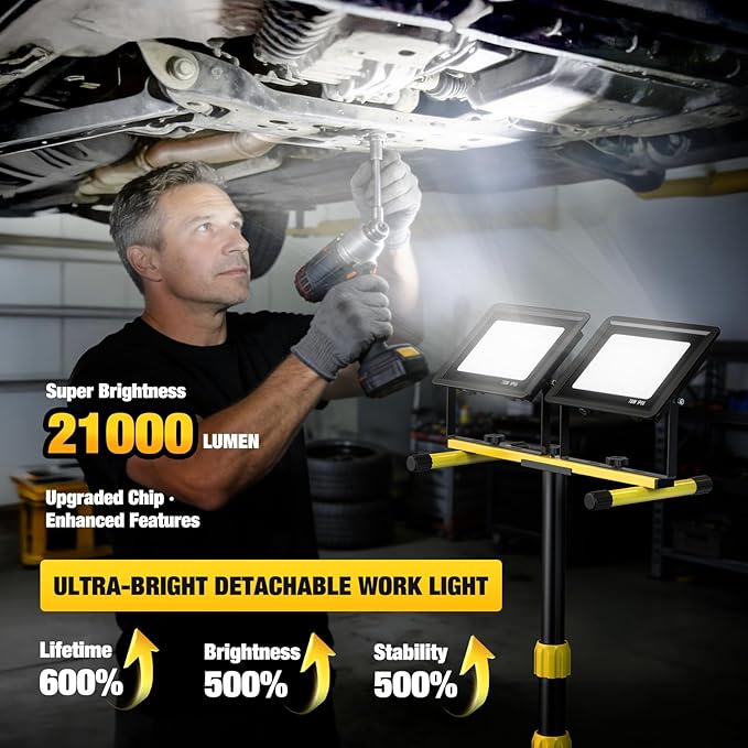Upgraded LED Work Lights with Stand, 2-Head Adjustable Work Light, Waterproof Tripod Worklights with 16.5 FT Cord for Outdoor & Indoor Job Sites, Workshops, Construction, Garage Lighting