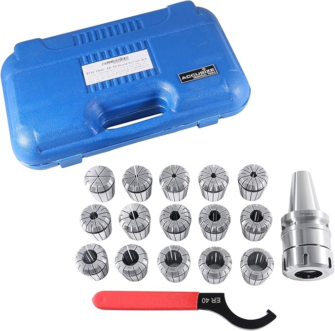 Accusize Industrial Tools BT40 Shank + 15 Pcs ER40 Collet Set + Wrench in Fitted Strong Box, BT40-ER40