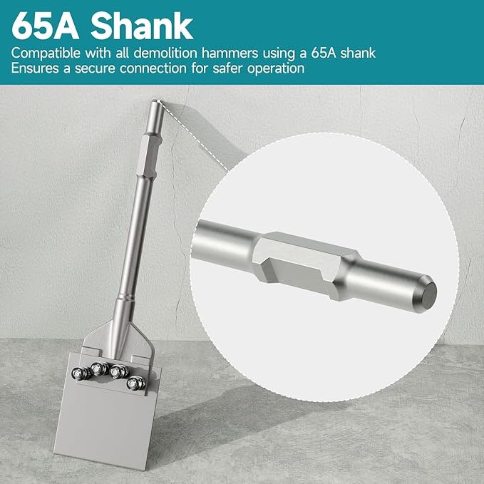 65A Shank 6 Inch Wide Floor Scraper Chisel Bit - 24" Long Alloy Steel Jack Hammer Drill Bit Blade Scraper, Spring-loaded Bolt Reinforcement, Removal Tools for Tile Thinset Hardwood Adhesive