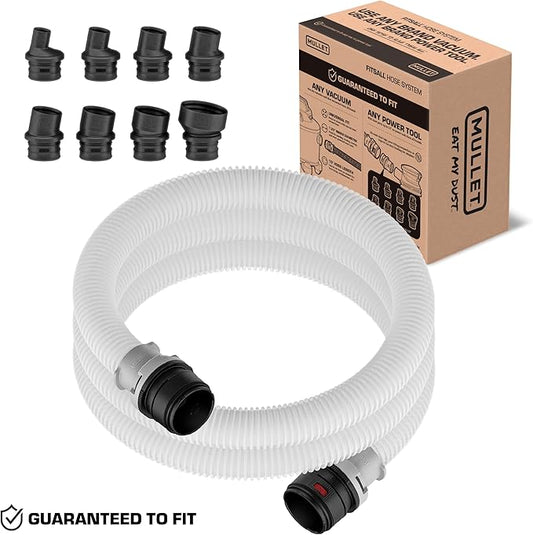 Mullet Tools FitsAll Shop Vac & Power Tool Hose Kit - 8 Dust Port Bushings, Translucent Shop Vacuum Hose, 10ft Hose, 1.25-inch diameter, Kink and Crush Resistant