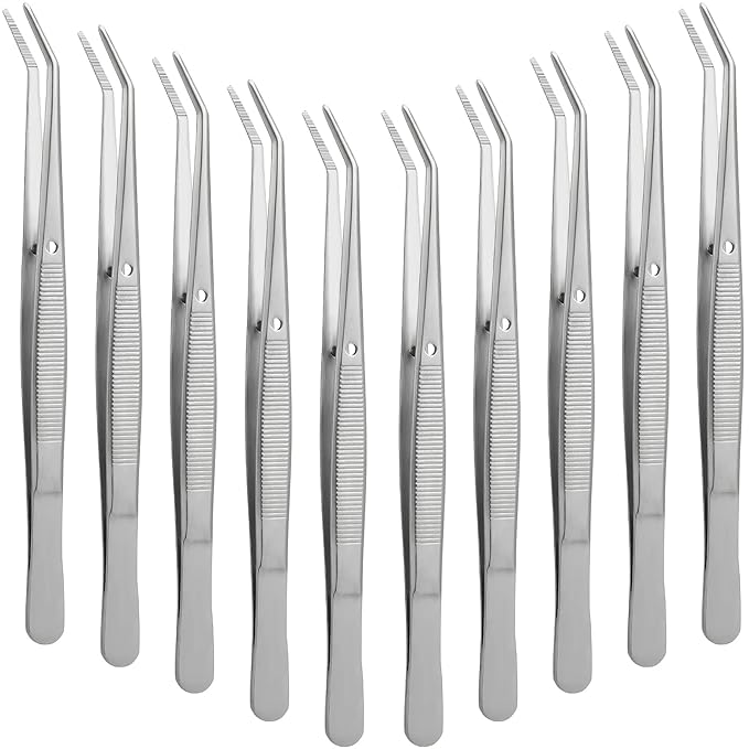 Honoson 10 Pcs Stainless Steel Tweezers for Crafting with Curved Serrated Tip Multipurpose Forceps Sewing Machine Tweezers Bulk (Silver)