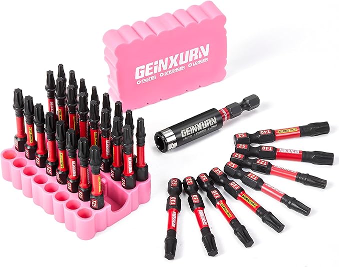 Impact Torx Screwdriver Bits Set, 33 Pieces 2?쒶agnetic S2 Steel Multi Star Driver Bits(T10-T40) and 1 Pc Bit Holder with Pink Soft Base
