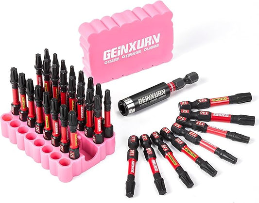 Impact Torx Screwdriver Bits Set, 33 Pieces 2?쒶agnetic S2 Steel Multi Star Driver Bits(T10-T40) and 1 Pc Bit Holder with Pink Soft Base