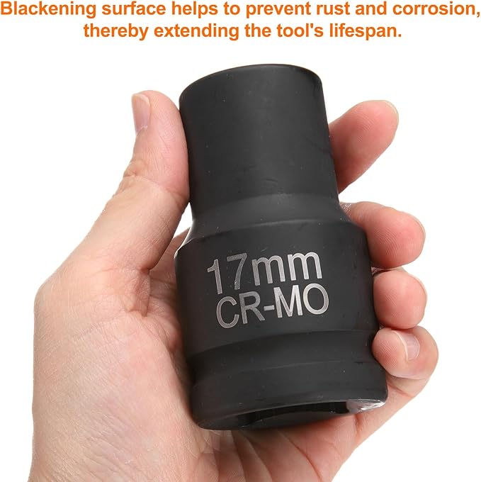 HARFINGTON 4 Point Square Socket 1" Drive 17mm Metric Square Impact Socket CR-MO Blackening Standard Wheel Sleeve Pneumatic Sleeve Tool for Auto Repair Mechanical Maintenance Home Use