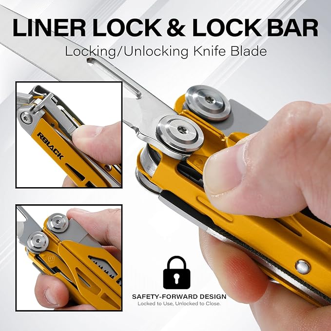 RBLACK Longeron21 Multitool, 21-in-1 Multi Tool Pliers with Safety Locking and Spring-Action Scissors, Heavy-duty Stainless Steel Multi-tool Set for Work, Home, Garden, DIY & Auto, Maple Yellow
