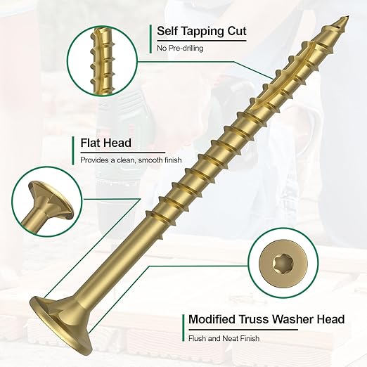 #8 x 2” Deck Screws, 500Pcs Star Drive Wood Screws, Rust Resistant Timber Screws for Timber/Log/Landscaping Wood, T20 Star Bit Included, Gold