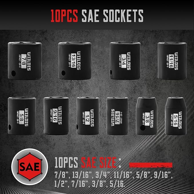 26 PCS 3/8" Drive SAE and Metric Impact Socket Set, SAE 5/16??to 7/8", Metric 7mm to 22mm, Premium Cr-V Steel, 6-Point Hex Designt,Cr-V Steel
