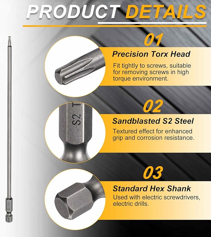 HARFINGTON 2pcs T10 Torx Head Screwdriver Bit 1/4" Hex Shank 7.87" (200mm) Long Magnetic No Hole Tip Tamper Proof 6 Point Star Screw Driver Drill Bits S2 Steel Industrial Power Screwdrivers