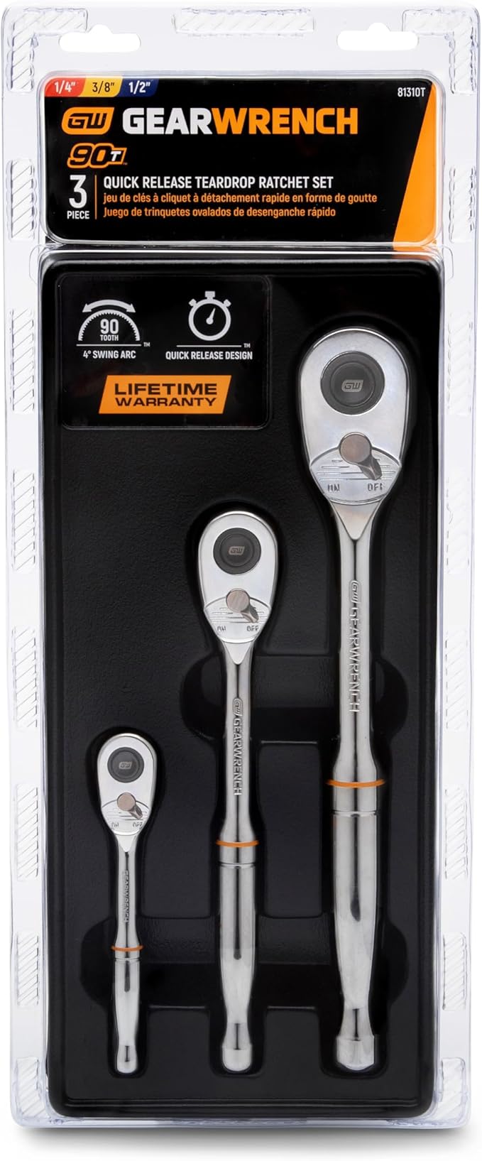GEARWRENCH 3 Piece 1/4", 3/8??and 1/2" Drive 90-Tooth Quick Release Teardrop Ratchet Set | 81310T