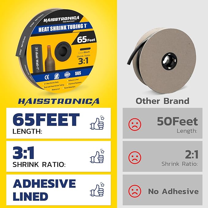 haisstronica 3:1 Heat Shrink Tubing, Shrink Ratio Adhesive Lined Marine Grade Heat Shrink Tube for Home, Automotive and Industrial (Black) 65FT 1inch