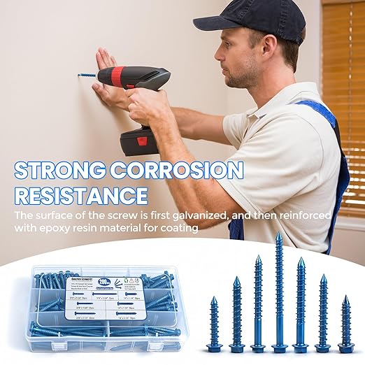 200PCS Concrete Screws, 3/16" 1/4" Masonry Screws with Drill Bit and Driver Bit, 7 Sizes Hex Head Cement Screws for Masonry, Block or Brick, Diamond Point, Blue Coated