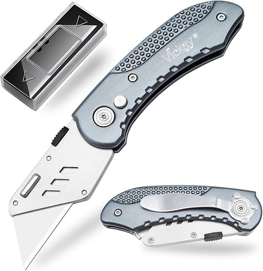 Vickay Folding Utility Knife, Box Cutter with Heavy Duty SK5 Quick Change Blades, Safety Axis Lock Design Razor Knife, Lightweight Aluminum Handle Belt Clip for Office Home Artcraft (Grey)