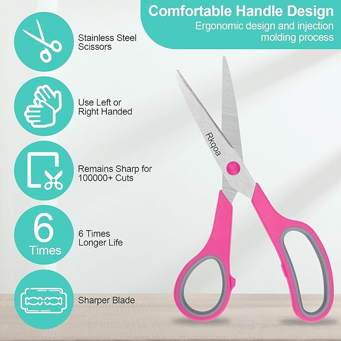 Black-Purple Scissors Pack, Rkqoa 8" Adult Scissors All Purpose - Comfort-Grip Sharp Shears for Office School Sewing Fabric Craft Art Supplies, Teacher/Class Everyday use, Classroom Must have