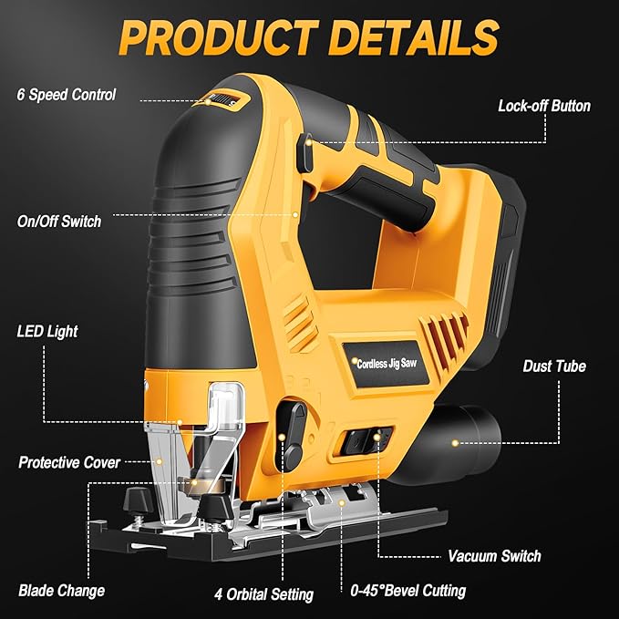 Jig Saw Compatible with Dewalt 20V Max Battery (No Battery), Cordless Jig Saw Brushless Jigsaw Tool with LED Light, 0°- 45° Bevel Cuts, 3 Orbital Settings for Straight/Curve/Circle Cutting