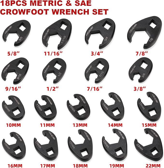 ARUCMIN 3/8" Drive Crowfoot Flare Nut Wrench Set,18-Piece Chrome Vanadium Steel Crows foot Wrench Set SAE & Metric 3/8"-7/8" and 10-22mm with Organizer Box
