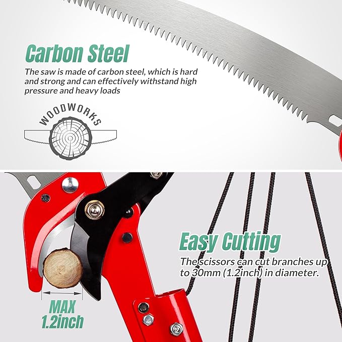 Suchtale 14FT Pole Saws for Tree Trimming, Manual Tree Pruner with Steel Saw Blade & Scissors, Long Handle Branch Cutter Pole, Extendable Limb Trimmer for High Branches, Yard Garden Pruning Tool