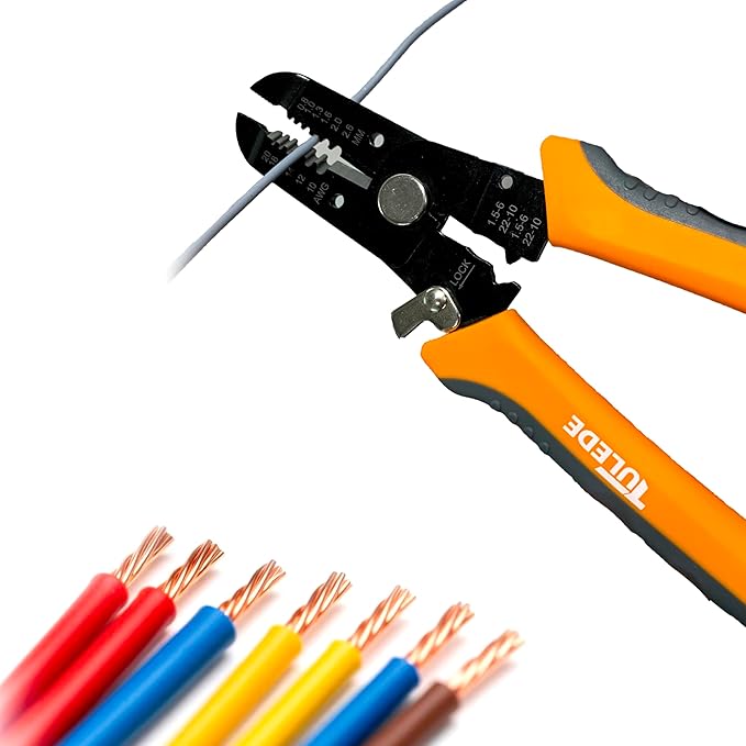 TULEDE 3 in 1 Wire Stripper Tool, 7.5 Inch Wire Stripper/Cutter/Crimping Tool for 10-20 AWG Solid and Stranded Wires, Come with Safety Lock & Invisible Spring, Made of 65Mn for Durability