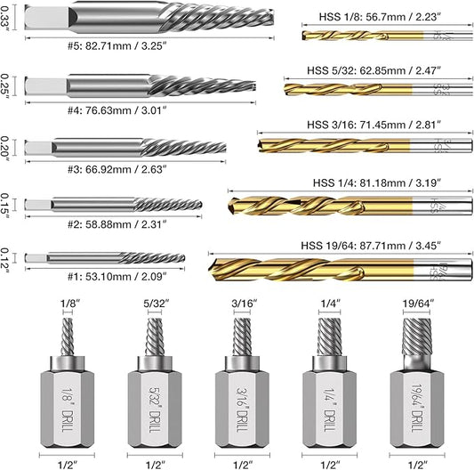 Screw Extractor Drill Bit Set,Chrome Molybdenum Alloy Steel Screw Remover for Removing Stripped Screws and Broken Bolts Ez Out Stripped Rounded-Off Damaged Bolts Screws&Studs Removal Tool