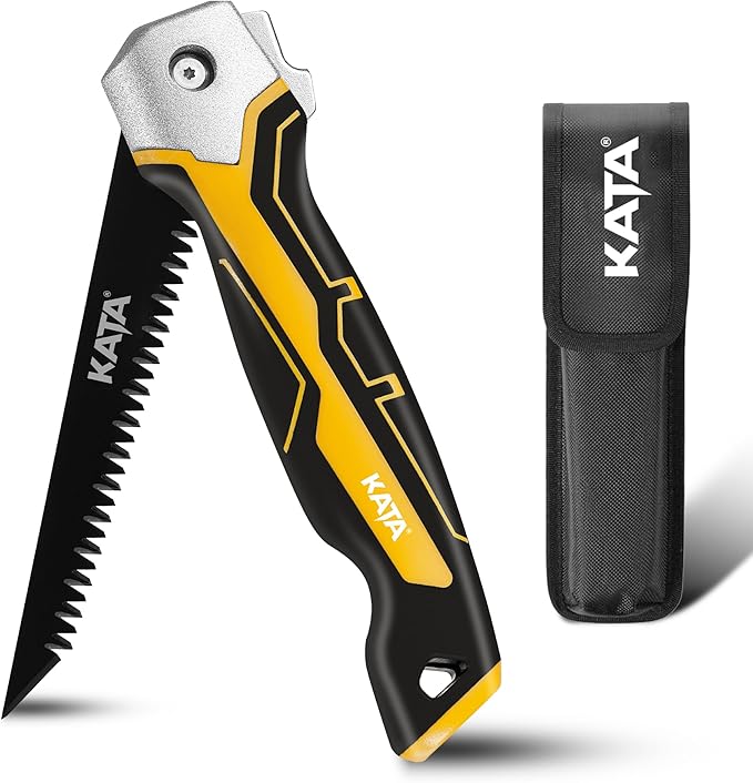 KATA Folding Jab Drywall Saw - Compact Hand Saw, Keyhole Sheetrock Opener with Soft Handle, 7TPI Triple Teeth 65Mn Steel Sharp Blade Hacksaw with Canvas Bag for Wallboard, Plywood, PVC Cutting