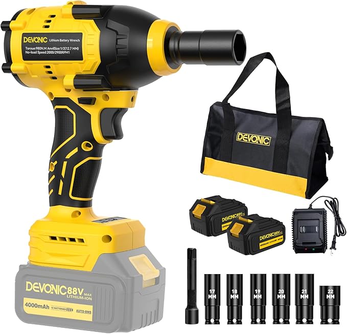 XGOLD DEVONIC Cordless Impact Wrench,750Ft-lb(980N.m) Brushless Impact Gun,2900RPM High Torque Impact Wrench,1/2 Inch with 3 Models,Charger & 6 Sockets, Power Impact Driver for Car Home