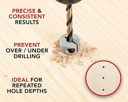 Professional Stop Collar Set - Drill Bit Depth Stop - 8 Piece Kit (1/2?? 7/16?? 3/8?? 5/16?? 1/4", 7/32?? 3/16?? 1/8?? Superior Aluminum Split Ring Design