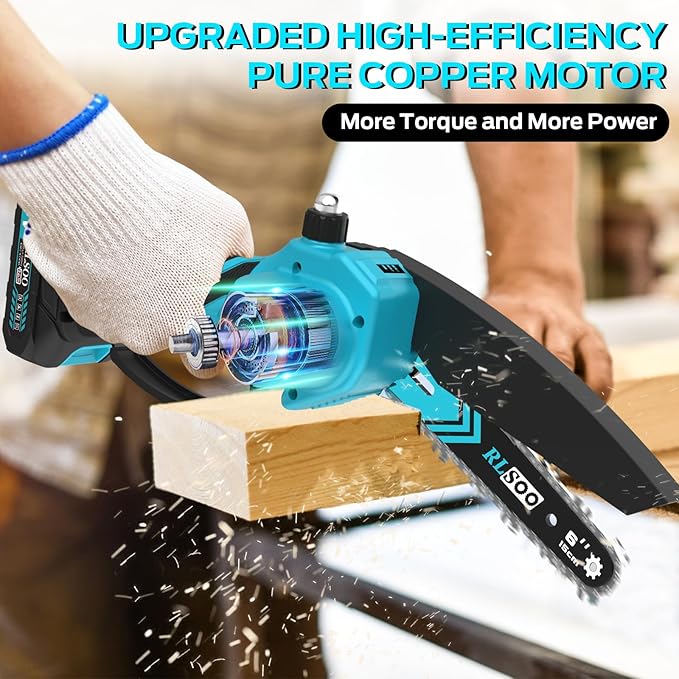 Mini Chainsaw Cordless, 6 Inch Electric Battery Chain Saw craftsman with Auto Oiler & Security Lock, Portable Small Hand Cutter for Branches, Wood Cutting, Yard, Garden Use (2 Batteries, 3 Chains)