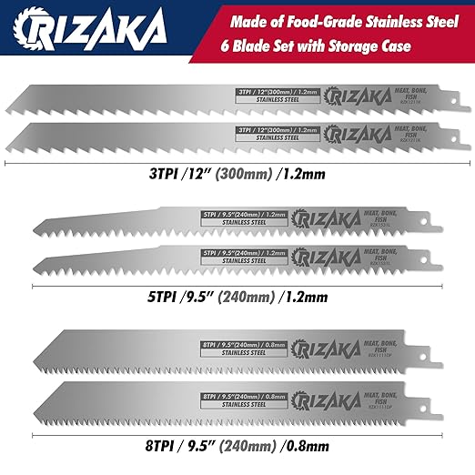 6 Pack Reciprocating Saw Blades for Frozen Meat Bone Fish - 3TPI 12"(300mm)/1.2mm x 2 pcs, 5TPI 9.5"(240mm)/1.2mm x 2pcs, 8TPI 9.5"(240mm)/0.8mm x 2pcs - Stainless Steel Sawzal Blades + Storage Box