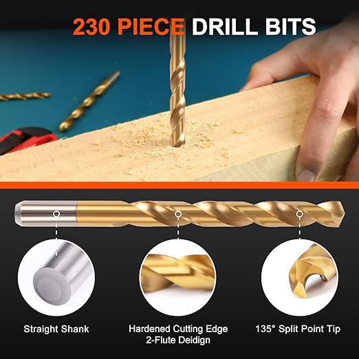 COMOWARE 230 Pcs Titanium Coated Drill Bit Set for Wood, Metal, Plastic & Aluminum Alloy - 3/64" to 1/2" with Storage Case