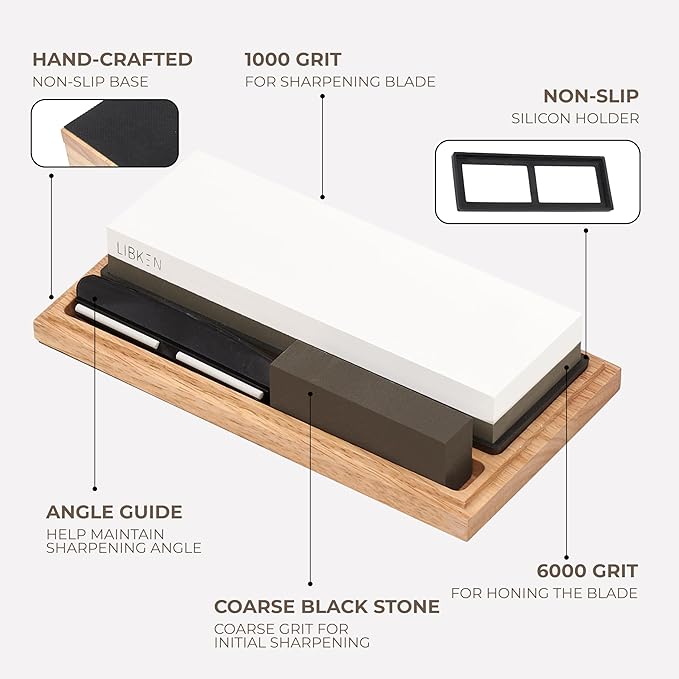 Whetstone Knife Sharpening Stone Kit 1000/6000 Grit with Wooden Box ??Wet Stone Sharpener Set for Kitchen Knives, BBQ, Hunting, Pocket, Scissor, Blade, Razor ??Angle Guide & Flattening Stone