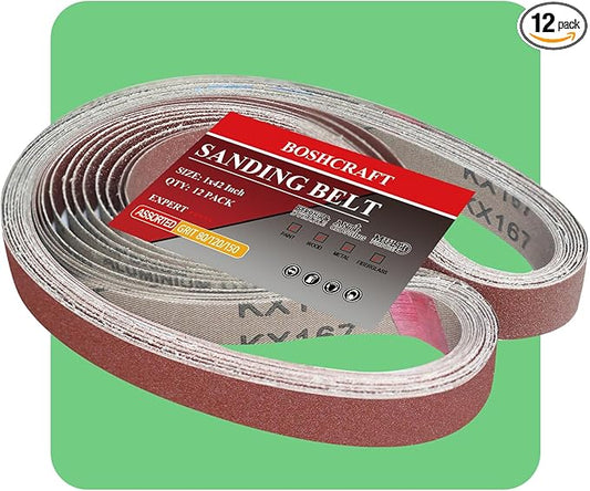1 x 42 Inch Belt Sander Sanding Belt, 12 Pack Belt Sander Paper 80/120/150 Grits Assortment Aluminum Oxide Sanding Belts for Belt Sander Knife Sharpening Wood Metal Polishing