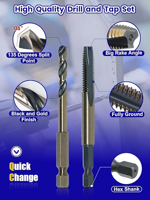 JEFE HEX 20pcs Hex Shank Drill and Tap Set, Quick Change Tap Set and Hex Drill Bit Set for Metal, Combination of Drill and Tap Set for Impact Driver, Thread Tap Set from 6-32 UNC to 1/2"-13 UNC