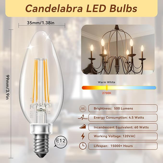 TJOY LED Candelabra Bulbs Dimmable, 60W Equivalent Chandelier Light Bulb, E12 Small Base, 4.5W 2700K Soft Warm White, B11 Vintage Filament Clear Glass Candle Light for Ceiling Fan, Chandeliers, 6Pack