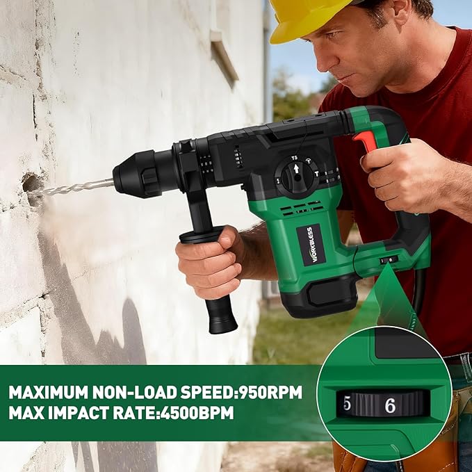 1-1/4 Inch Rotary Hammer Drill with SDS-PLUS Bits: 13Amp 7.0J Rotomartillo, SDS Hammer Drill for Concrete Demolition Chipping, 4 Functions, 6 Speed, 3 Drill Bits & 2 Chisels