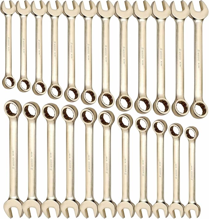 WEDO 23PCS Non-Sparking Combination Wrench Set,SAE 1/4" to 1",Metric 8mm to 24mm,12 Point Design,Aluminum Bronze,Corrosion-resistance,BAM&FM Certificate