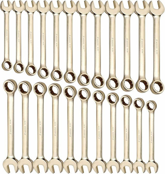WEDO 23PCS Non-Sparking Combination Wrench Set,SAE 1/4" to 1",Metric 8mm to 24mm,12 Point Design,Aluminum Bronze,Corrosion-resistance,BAM&FM Certificate
