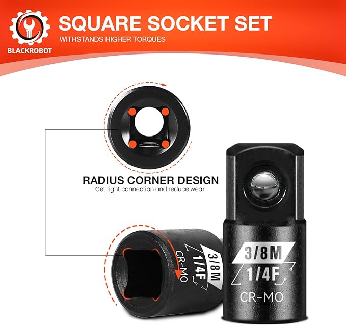 BLACKROBOT 4 Piece 1/4?쒯 To 3/8?쒶 Impact Socket Adapter Set,SAE Drive Cr-Mo Steel Exceeds ANSI Standards,Square Drive Reducer for Impact Driver Wrench
