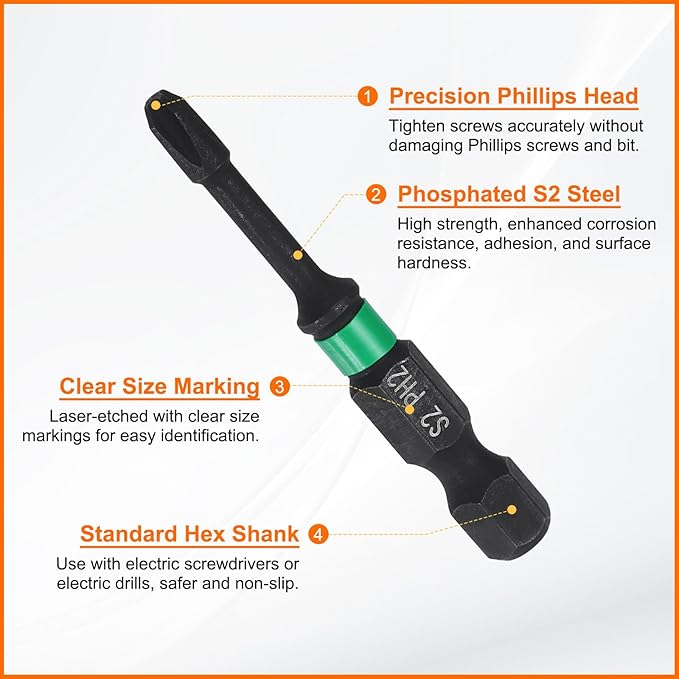 HARFINGTON 3pcs #2 Impact Phillips Screwdriver Bit PH2 1/4" Hex Shank 2" (50mm) Long 0.12" Rod Magnetic Cross Head Drill Bits S2 Steel Industrial Screw Driver for Impact Power Drivers