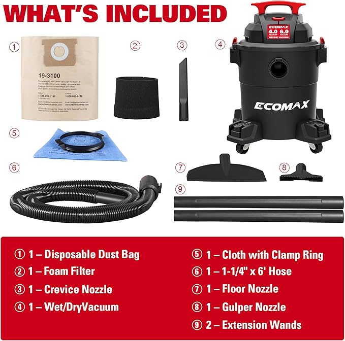 ECOMAX Wet Dry Vacuum 6 Gallon, 4 HP 85 CFM 3-in-1 Shop Vac with Suction/Blow/Wet Dry Function, Heavy-Duty Portable Poly Wet/Dry Vac Car Vacuum for Workshop, Jobsite, Garage and Home Cleaning