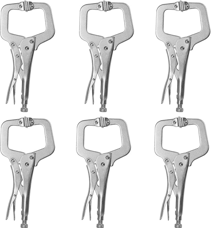 KEILEOHO 6 Pack 11 Inches C Clamp Locking Pliers With Swivel Pads, Heavy-Duty Woodworking Clamps Set, Adjustable Nickel Plated