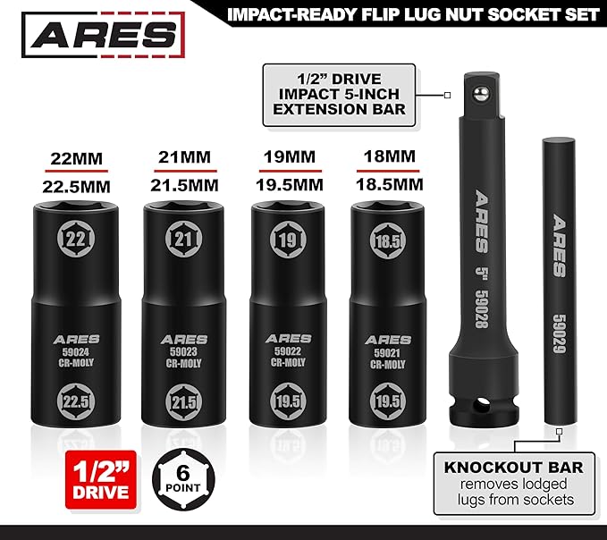 ARES 59065-6pc Half Size Lug Nut Flip Impact Socket Set - 1/2-Inch Drive ??Removes Bloated/Damaged Chrome Capped Lug Nuts ??Flip Sockets - Includes 5-Inch Extension and Knockout Bar