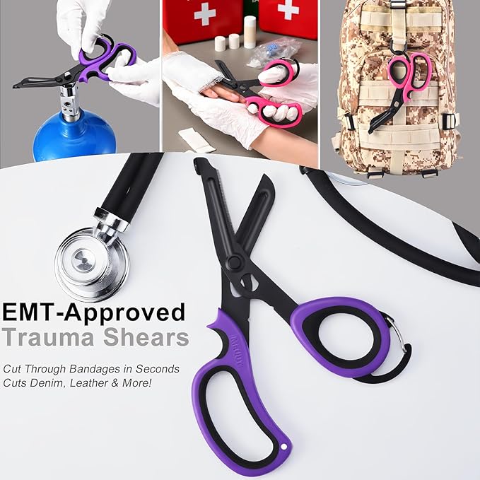 MEUUT 2 Pack Medical Scissors Trauma Shears with Carabiner design, 7.5" Fluoride Coated Non-stick Blades Bandage Scissor for Nurses, EMT, Household, outdoors