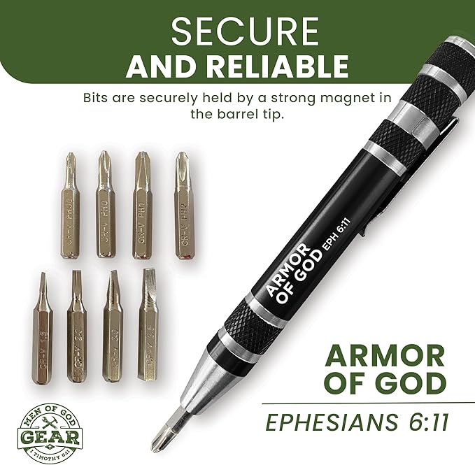 LOGOS TRADING POST 8-in-1 Bible Verse Pen Screwdriver Multitool - Armor of God, Eph 6:11 - Hidden 4.5" x 0.5" Pen Multitool with Screwdriver Bits, Storage Space & More - Christian Pocket Tools For Men