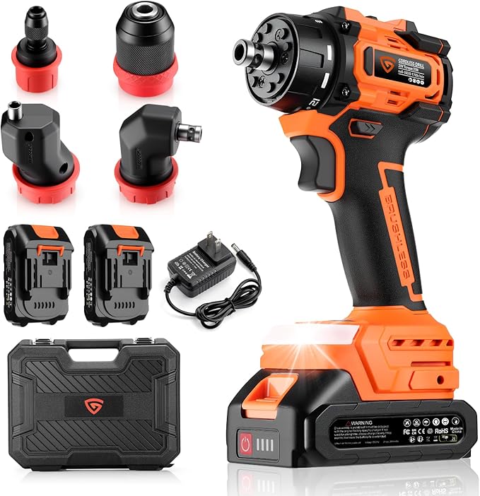 21V Brushless Cordless Drill Driver Kit, 5-in-1 Multi-Head System with 2 Batteries and Charger, Right Angle Adapter, Offset Head, 3-Jaw Chuck, Extension Head
