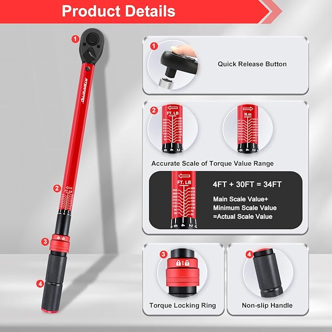 ATsafepro 3/4 Torque Wrench,3/4 Drive Torque Wrench-30-350 Ft-Lb(40.7-474.3Nm) Dual Scales,Precision Instruments Torque Wrench Pre-Calibrated Accuracy+-3%,48-Tooth Dual-Direction for Auto & Machinery